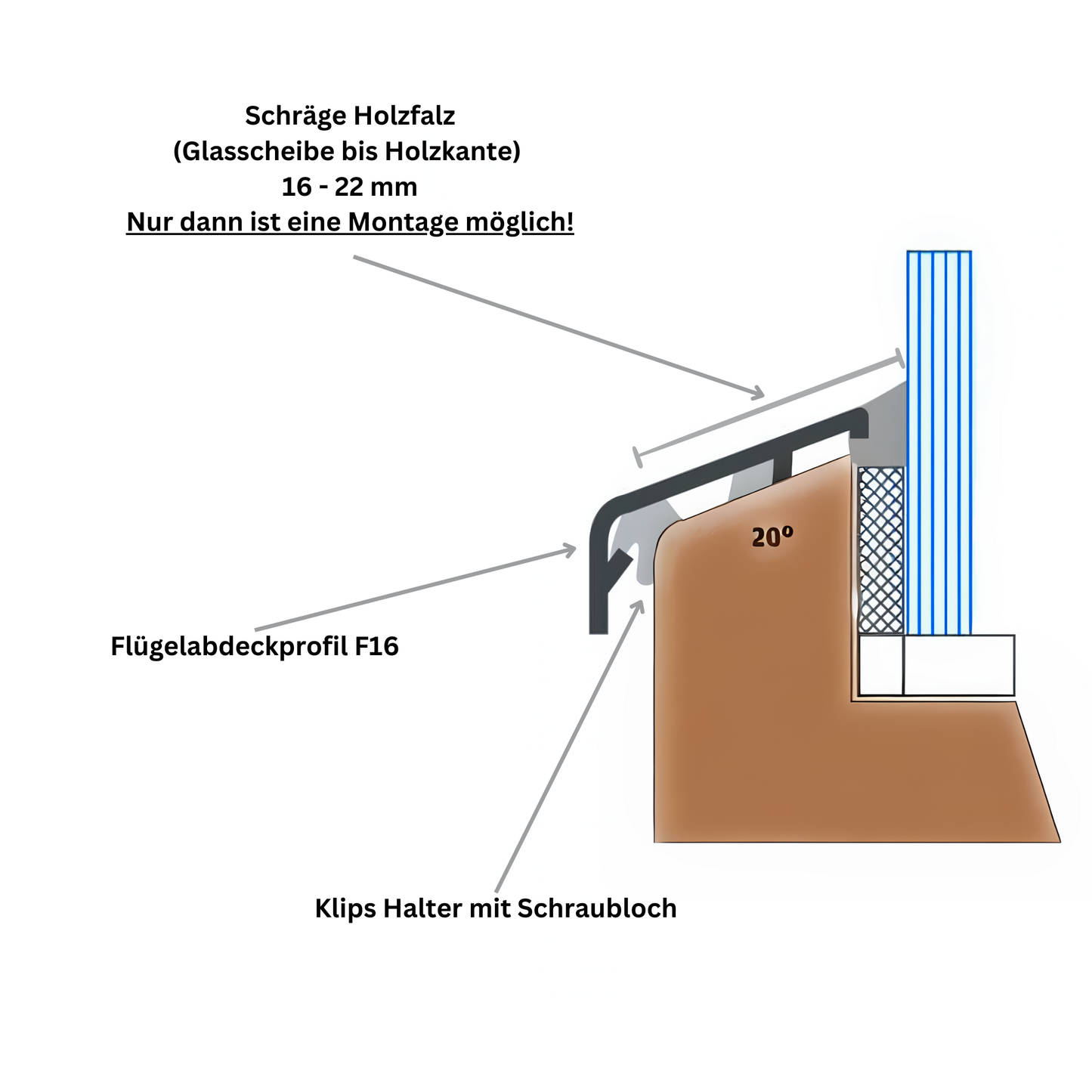 Flügelabdeckprofil F16 für Falz 15 mm