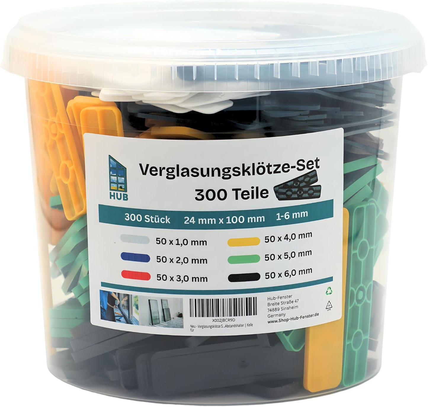 Verglasungsklötze Set 300 Stück | 24 mm Unterlagsklötze 1 bis 6 mm im Eimer | Tragklötze & Unterlegplättchen Kunststoff – Hinterlüftet & geriffelt | Fenster Montageklötze | Abstandshalter