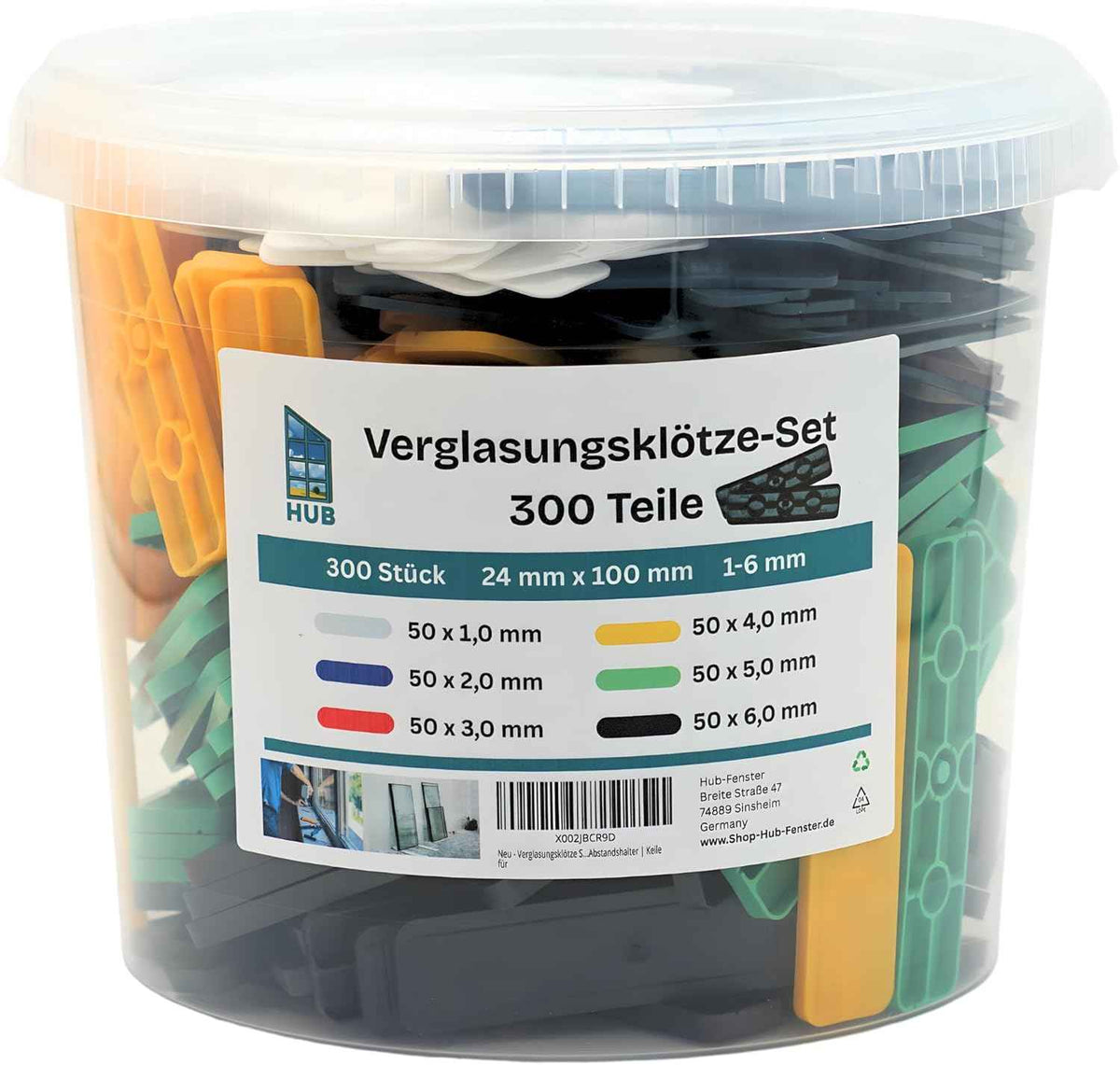 Verglasungsklötze Set 300 Stück | 24 mm Unterlagsklötze 1 bis 6 mm im Eimer | Tragklötze & Unterlegplättchen Kunststoff – Hinterlüftet & geriffelt | Fenster Montageklötze | Abstandshalter