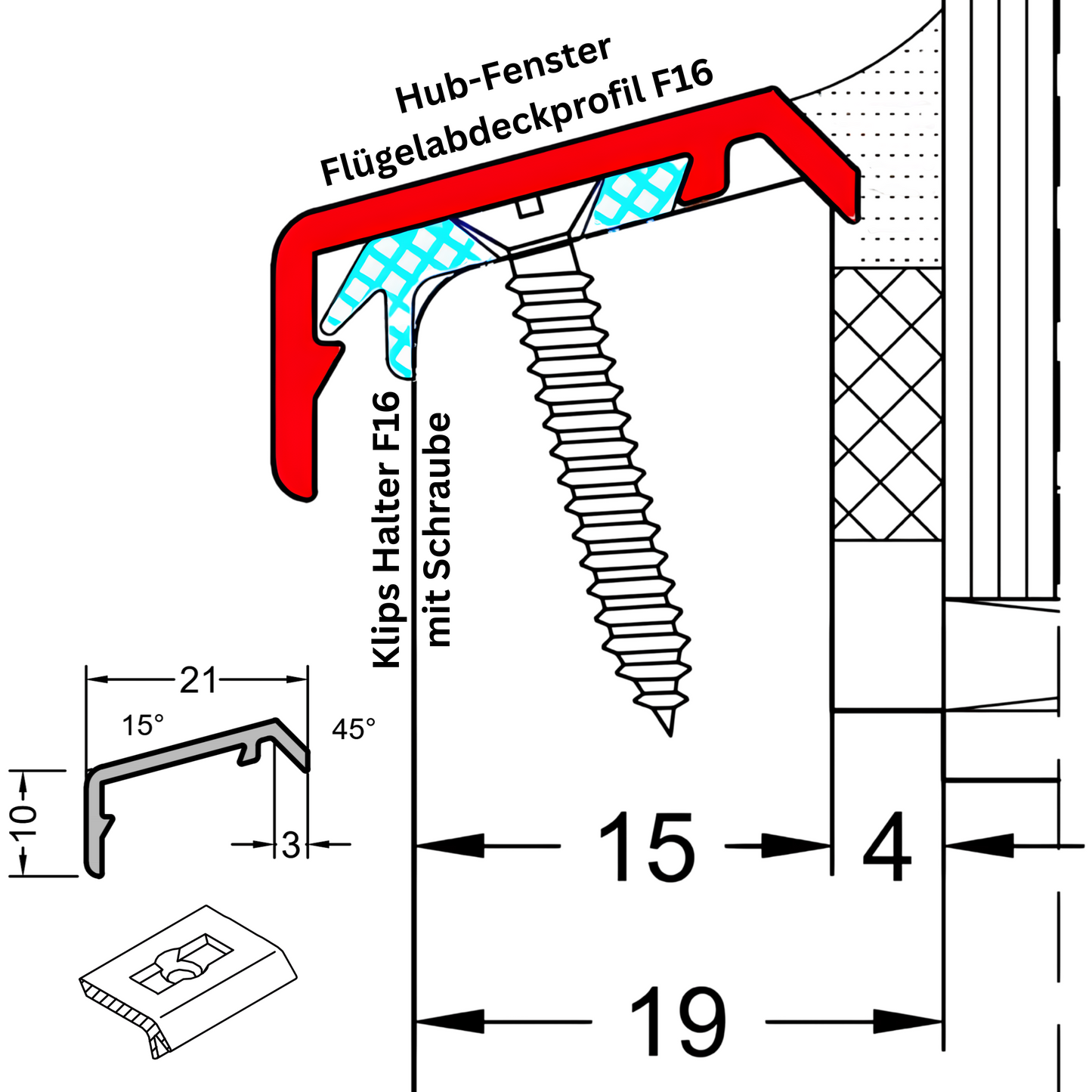 Flügelabdeckprofil F16 für Falz 15 mm