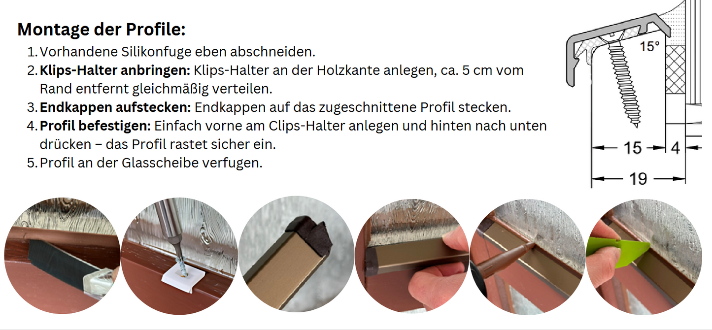 Flügelabdeckprofil F16 für Falz 15 mm