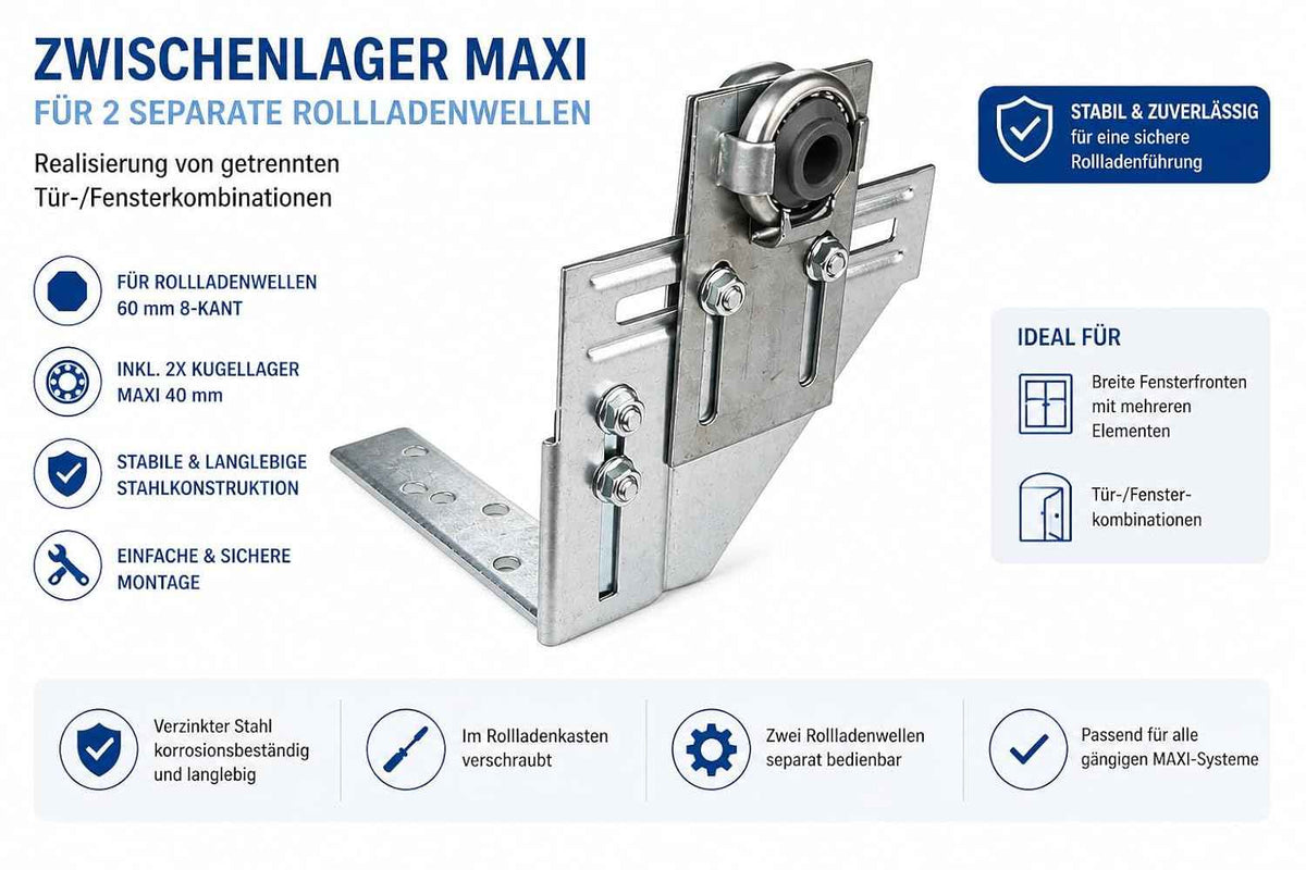Rollladen Zwischenlager MAXI | Doppel Mittellager mit 2x Kugellager | für 60 mm 8-Kant Wellen | Bocklager Halter für 2 Rollladenwellen | Hub-Fenster