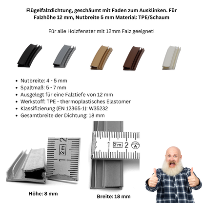 Fensterdichtung Primo 4000 | TPE Meterware für Holzfenster | 12 mm Falz | gegen Zugluft