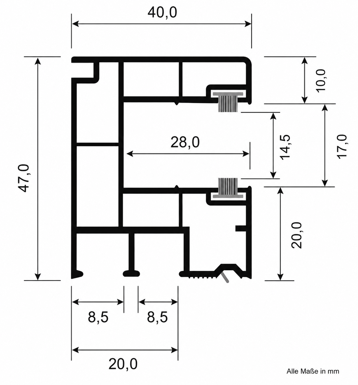 Rollladenschiene Neubau | PVC Führungsschiene | Rollladenführung  |40 X 47 | weiß mit Bürsten