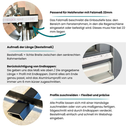 Regenschiene Holzfenster R22/30 | Aluminium | 22 mm Falz | Wetterschutz unten