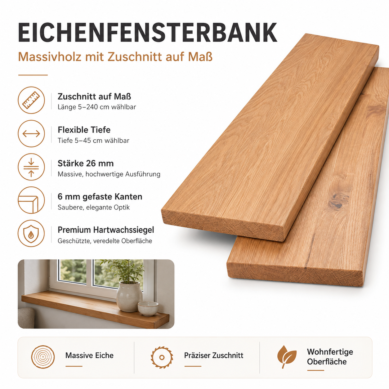 Fensterbank Echtholz | Eiche Massivholz | Rustikal | 26 mm | Innenfensterbank nach Maß | Hub-Fenster