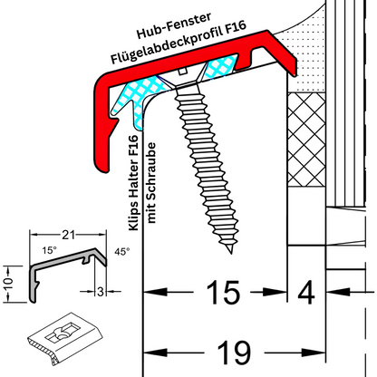 Flügelabdeckprofil F16 für Falz 15 mm