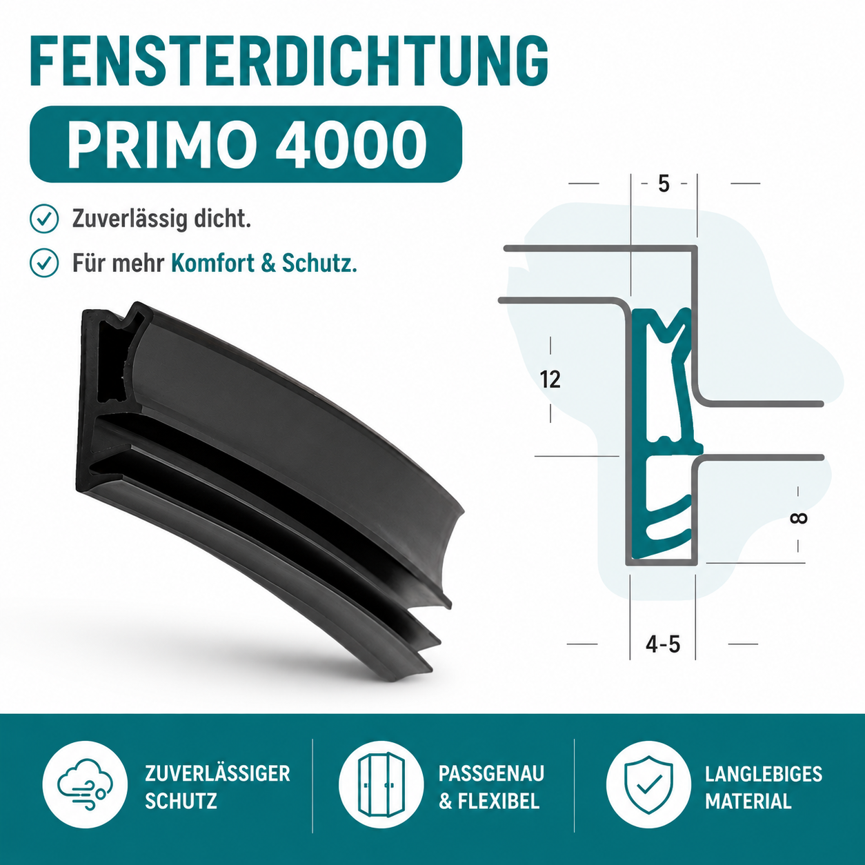 Fensterdichtung Primo 4000 | TPE Meterware für Holzfenster | 12 mm Falz | gegen Zugluft