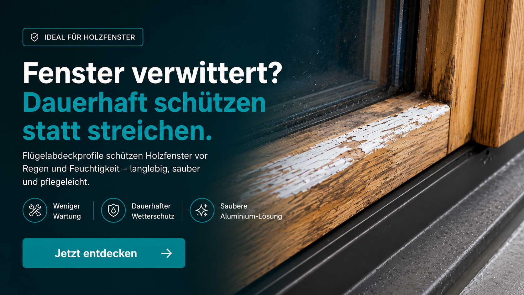 Fenster verwittert ? Dauerhaft schützen statt streichen. Flügelabdeckprofile schützen Holzfenster vor Regen und Feuchtigkeit 