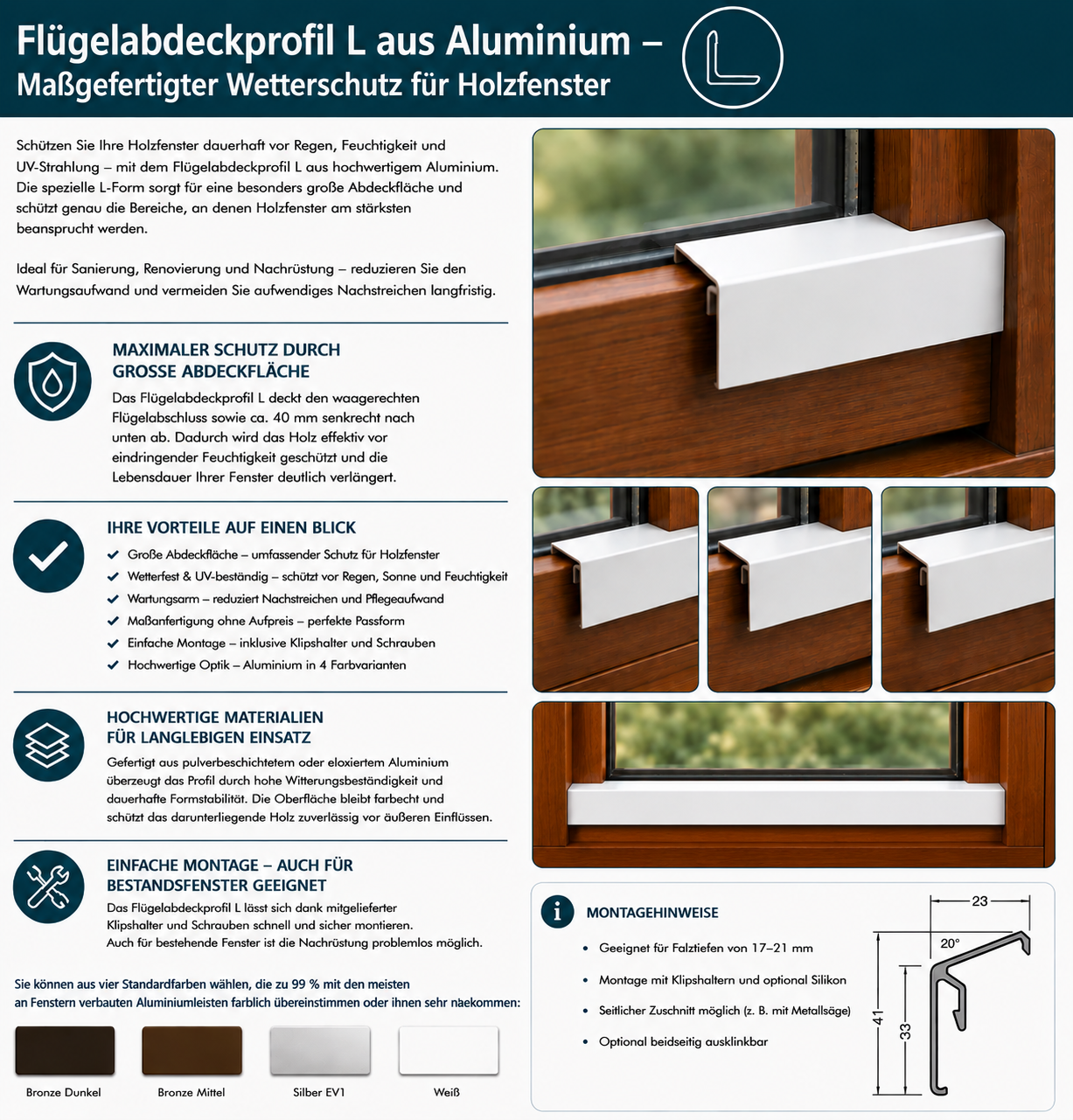 Flügelabdeckprofil L Aluminium | Holzfenster Wetterschutz außen nach Maß | große Abdeckfläche