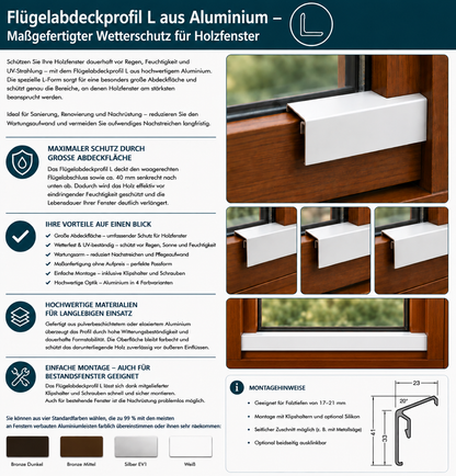 Flügelabdeckprofil L Aluminium | Holzfenster Wetterschutz außen nach Maß | große Abdeckfläche