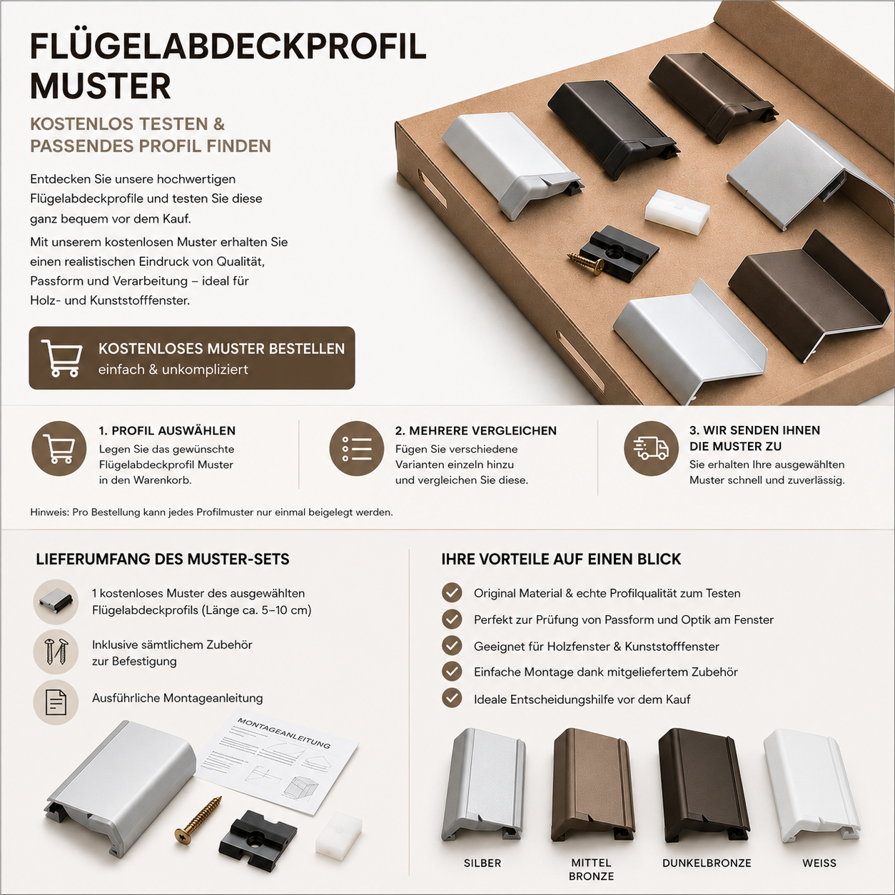 Flügelabdeckprofil Muster Set – Verschiedene Profile für Holz- & Kunststofffenster | Gratis Muster (zzgl. Versand)
