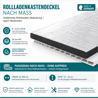 Rollladenkastendeckel weiß nach Maß | Rollokasten Abdeckung mit Dämmung | Made in Germany | bis 3 m