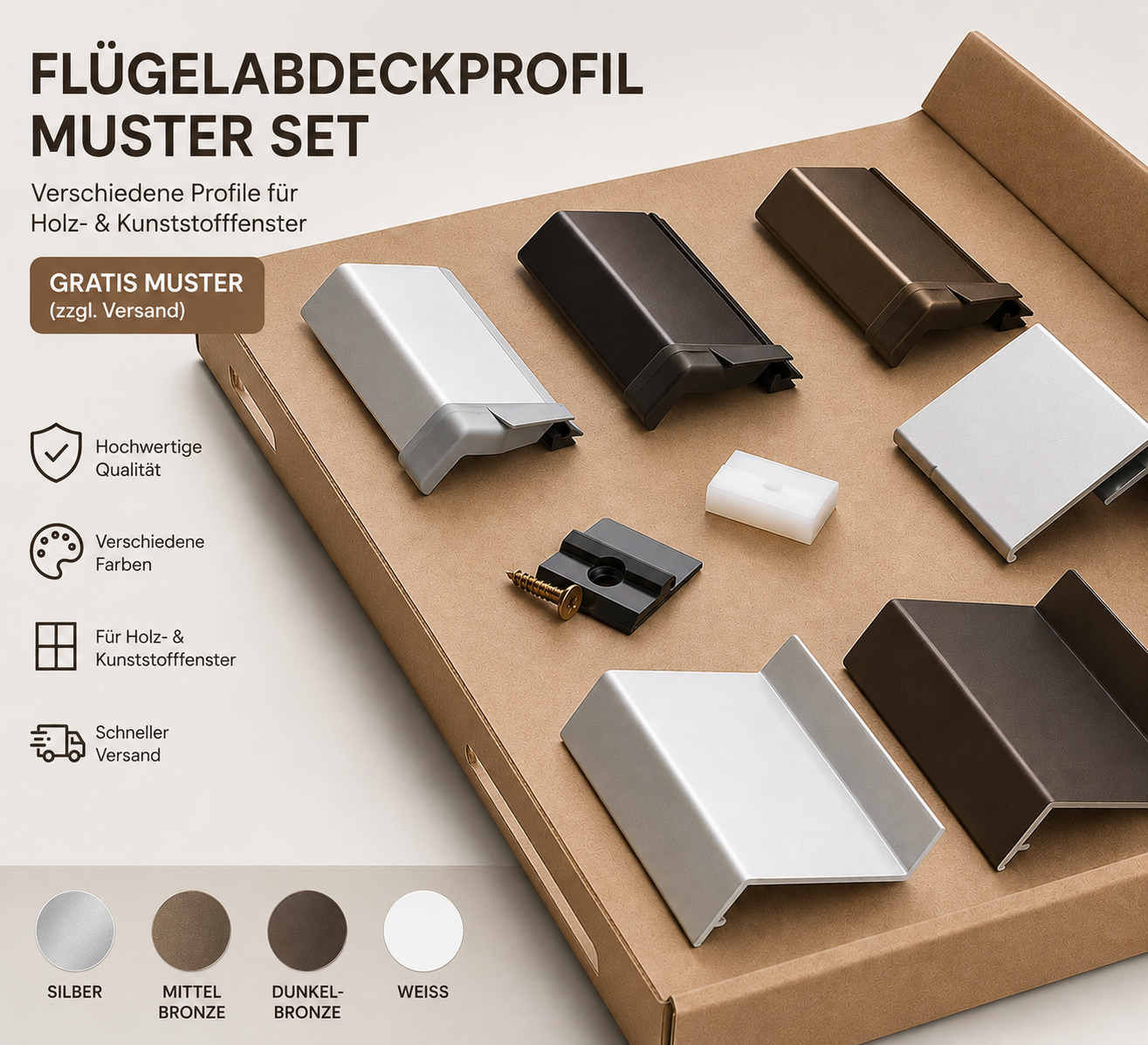 Flügelabdeckprofil Muster Set – Verschiedene Profile für Holz- & Kunststofffenster | Gratis Muster (zzgl. Versand)