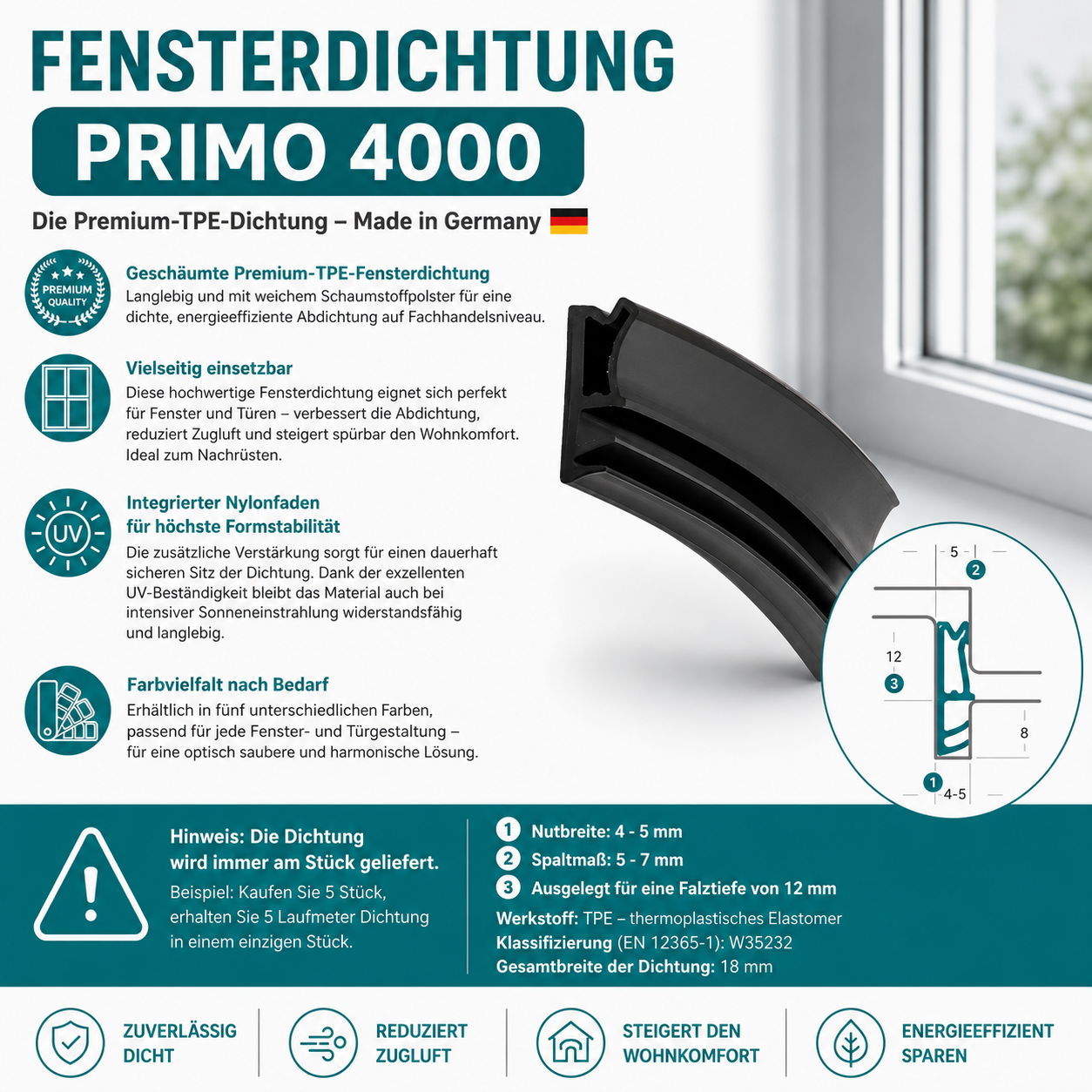 Fensterdichtung Primo 4000 | TPE Meterware für Holzfenster | 12 mm Falz | gegen Zugluft