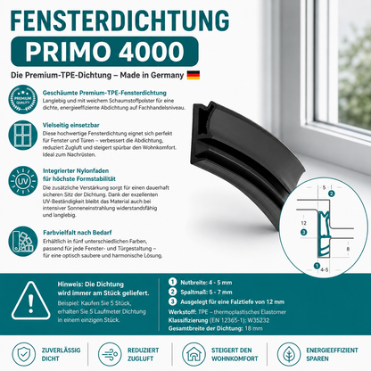Fensterdichtung Primo 4000 | TPE Meterware für Holzfenster | 12 mm Falz | gegen Zugluft