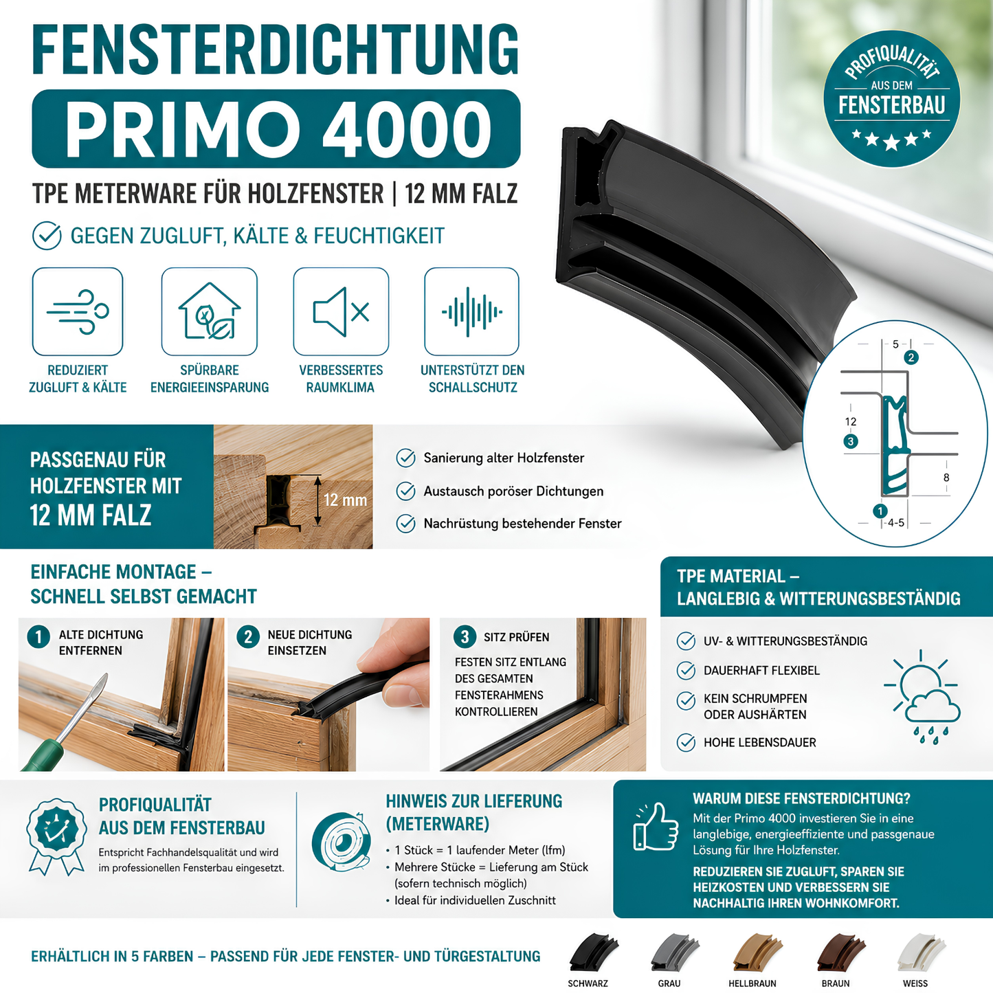 Fensterdichtung Primo 4000 | TPE Meterware für Holzfenster | 12 mm Falz | gegen Zugluft