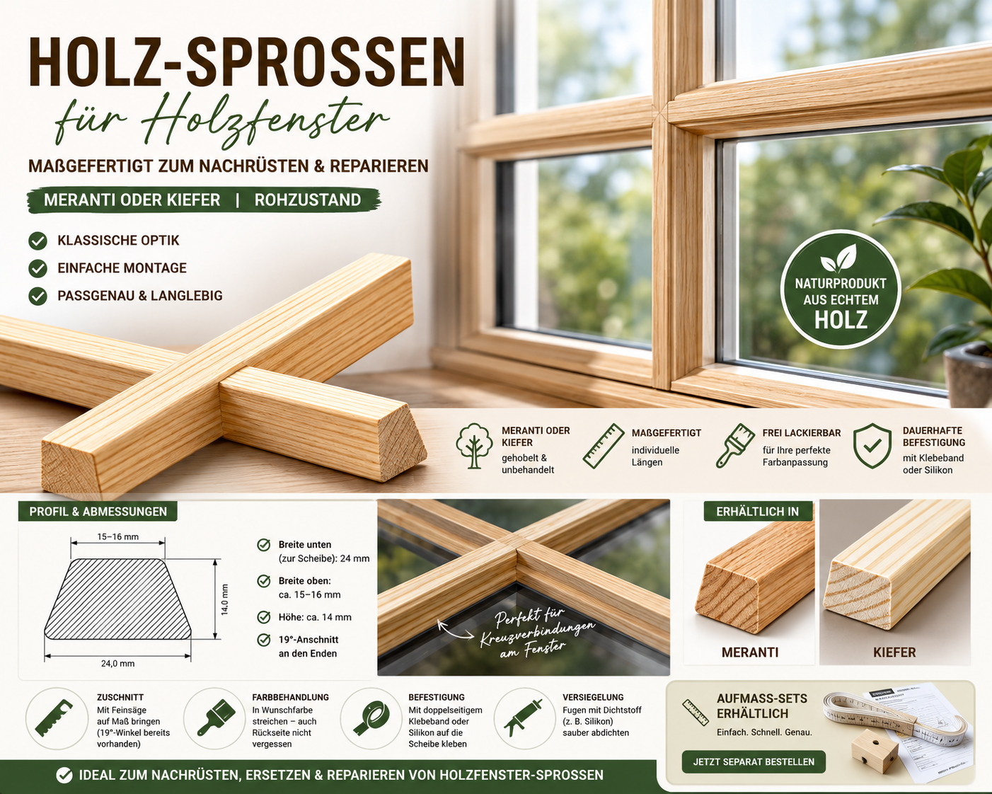 Holz-Sprossen für Holzfenster | Maßgefertigt zum Nachrüsten & Reparieren | Meranti oder Kiefer | Rohzustand | Individueller Zuschnitt