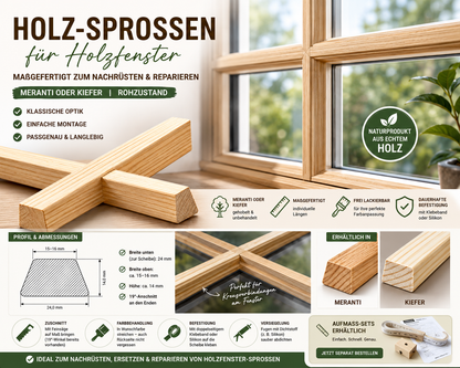 Holz-Sprossen für Holzfenster | Maßgefertigt zum Nachrüsten & Reparieren | Meranti oder Kiefer | Rohzustand | Individueller Zuschnitt