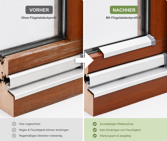 Vorher-Nachher-Vergleich eines geschützten Holzfensters