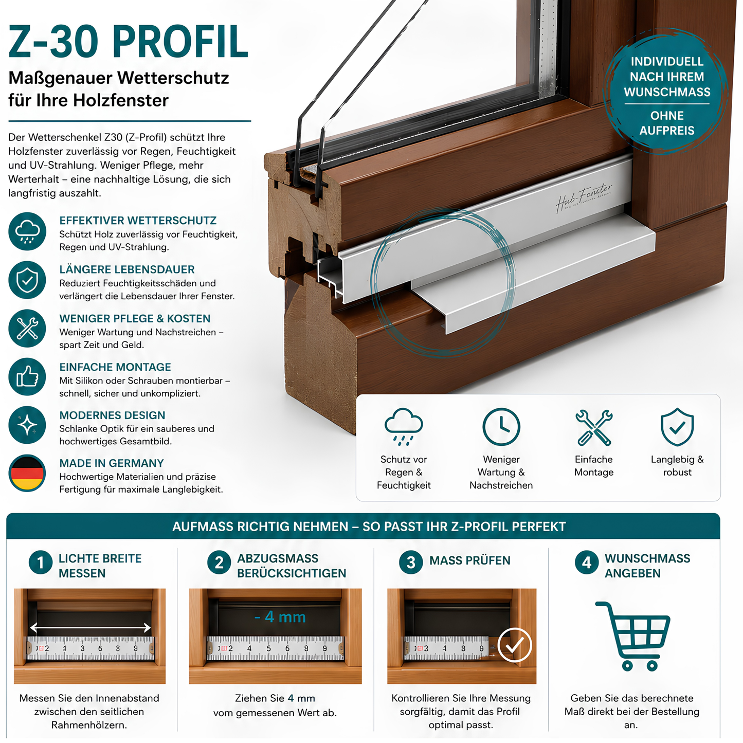 Z-30 | Z-Profil Aluminium für Fensterrahmen | Regenschiene Stockabdeckung | Rahmenprofil