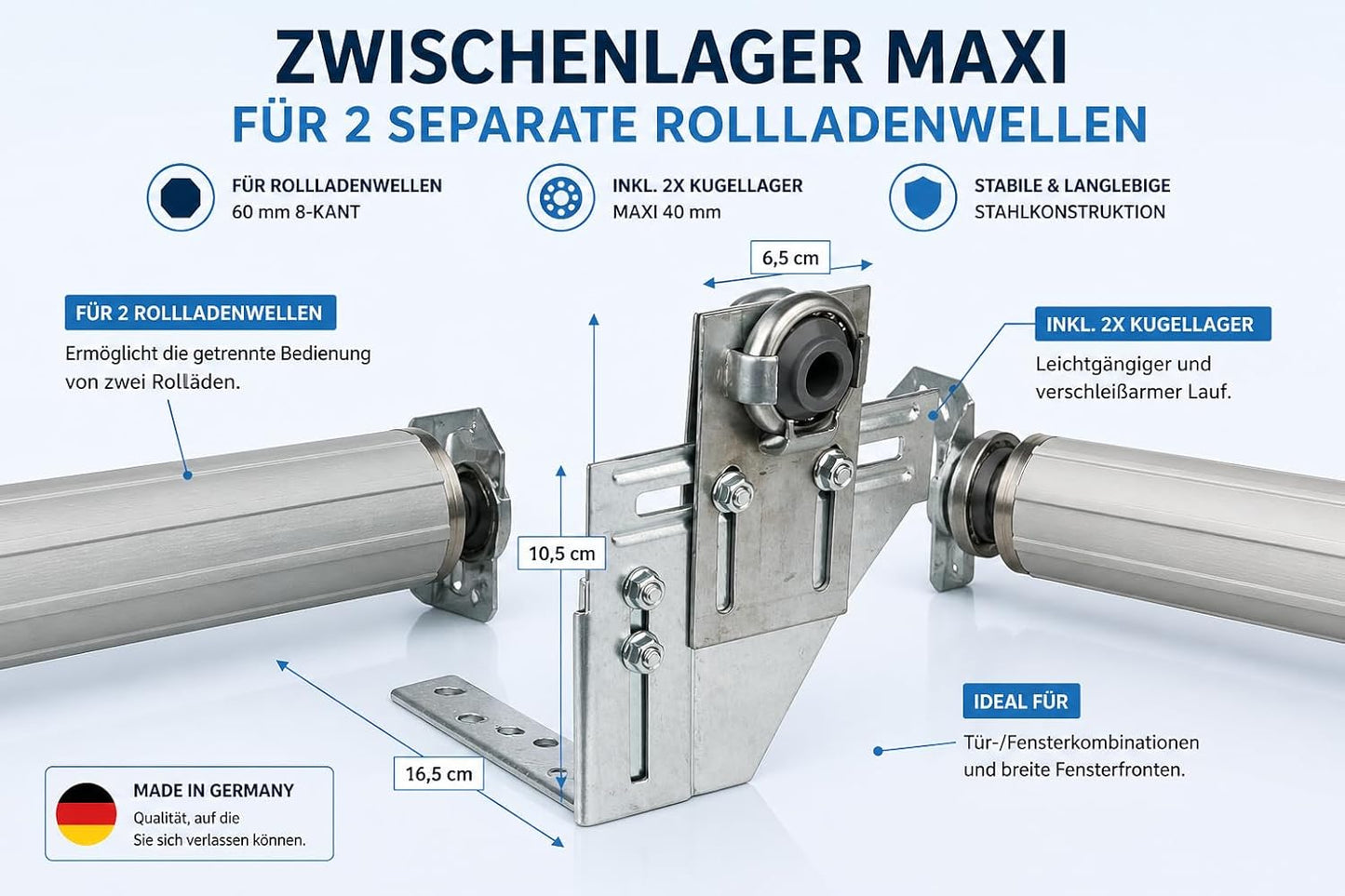 Rollladen Zwischenlager MAXI | Doppel Mittellager mit 2x Kugellager | für 60 mm 8-Kant Wellen | Bocklager Halter für 2 Rollladenwellen | Hub-Fenster