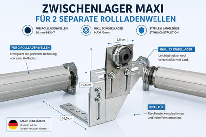 Rollladen Zwischenlager MAXI | Doppel Mittellager mit 2x Kugellager | für 60 mm 8-Kant Wellen | Bocklager Halter für 2 Rollladenwellen | Hub-Fenster