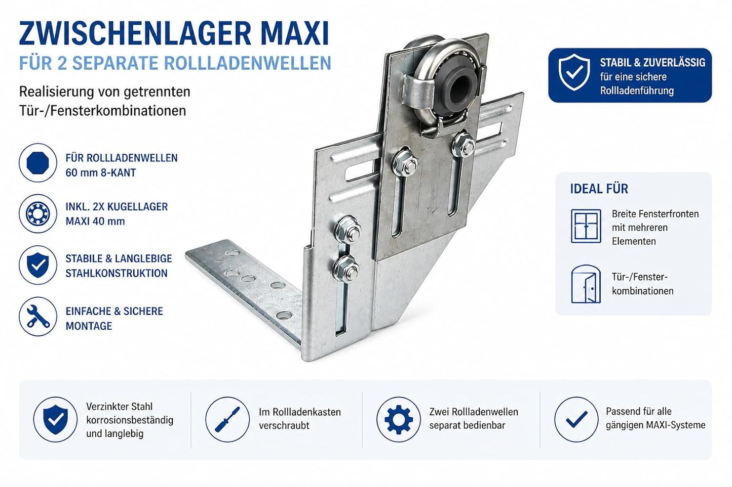 Rollladen Zwischenlager MAXI | Doppel Mittellager mit 2x Kugellager | für 60 mm 8-Kant Wellen | Bocklager Halter für 2 Rollladenwellen | Hub-Fenster